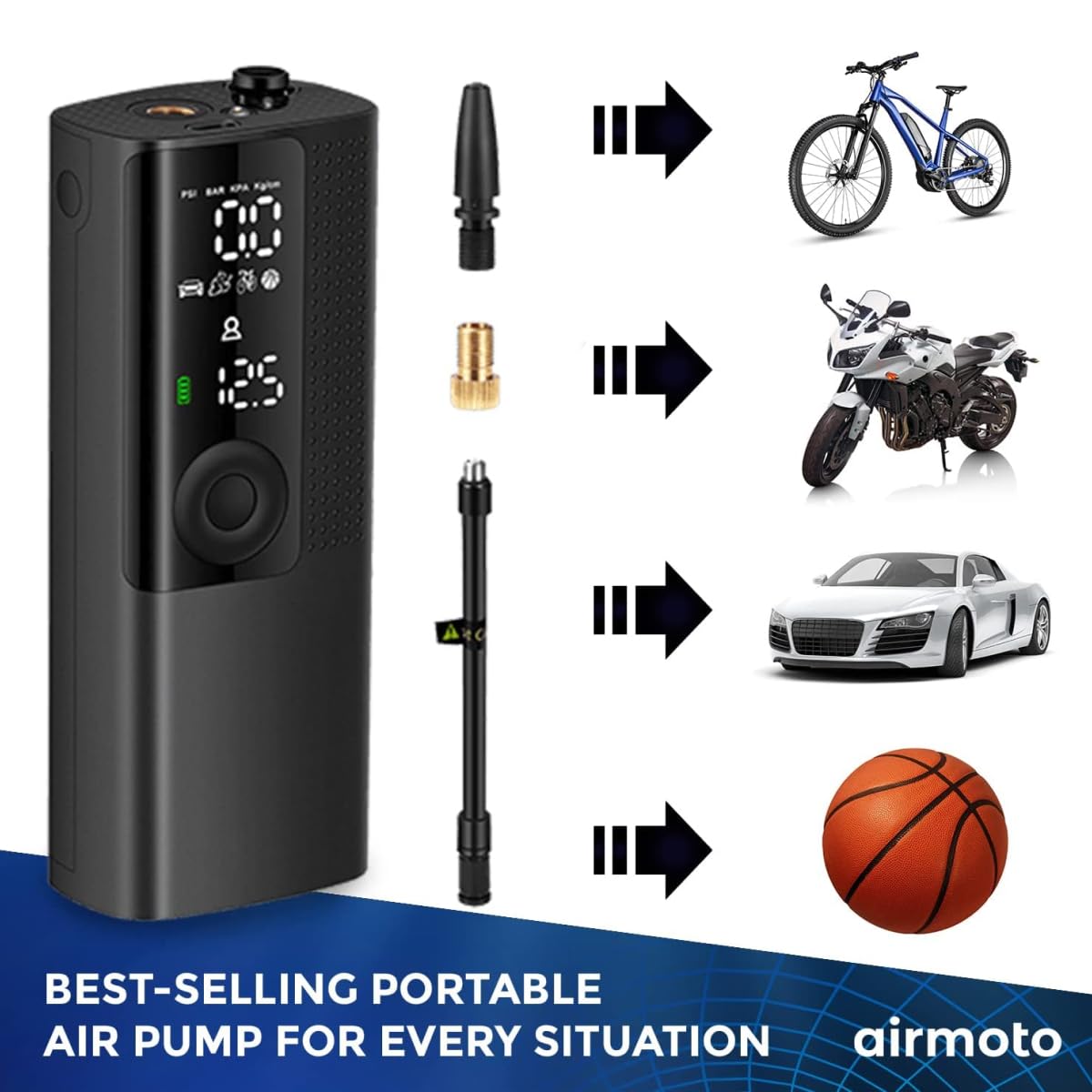 Airmoto Tire Inflator Portable Air Compressor - Air Pump for Car Tires with Digital Pressure Gauge, LED Light and Auto Shut-Off Function - Cordless Pump for Car, Motorcycle, Bicycle, Ball