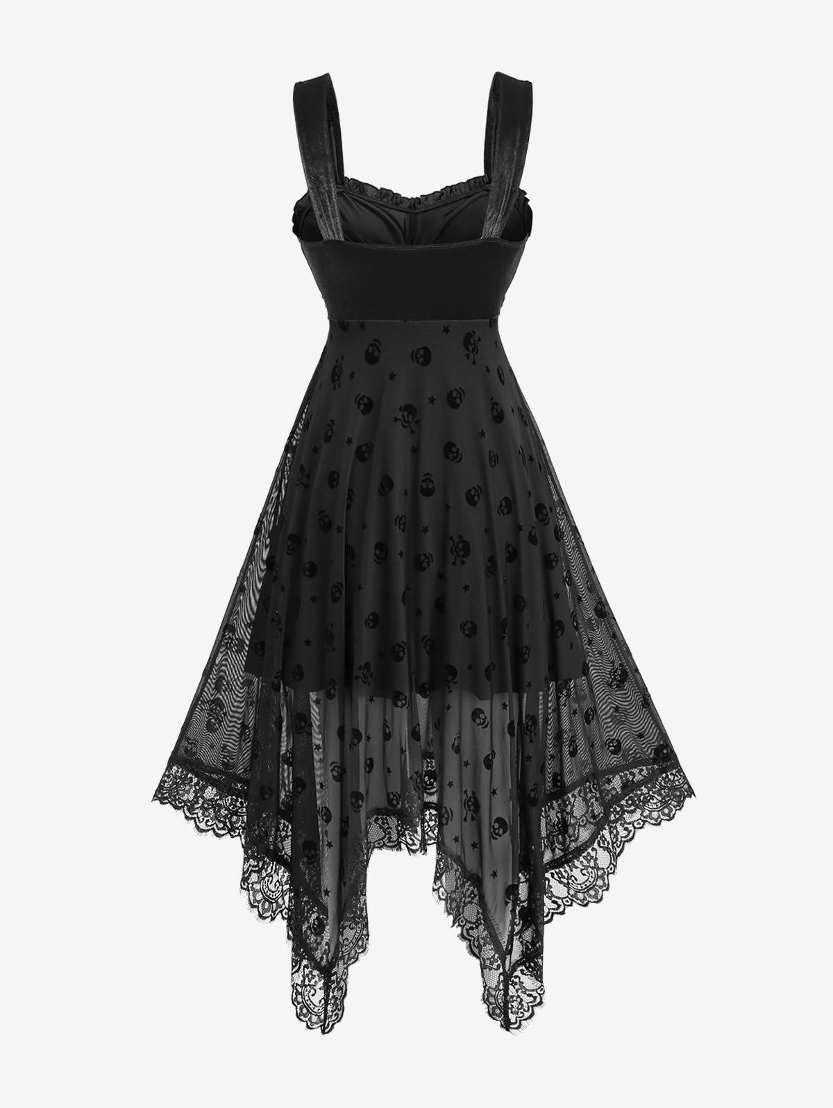 DRESSFO Gothic Vintage Skull Stars Mesh Flocking Crossover Velvet Patchwork Asymmetric Dress(Black/XL)