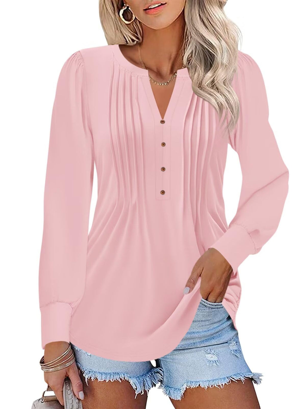 TICTICMISS Women's Puff Long Sleeve Tops Pleated V Neck T Shirts Henley Button Tunic Blouses Peach Pink