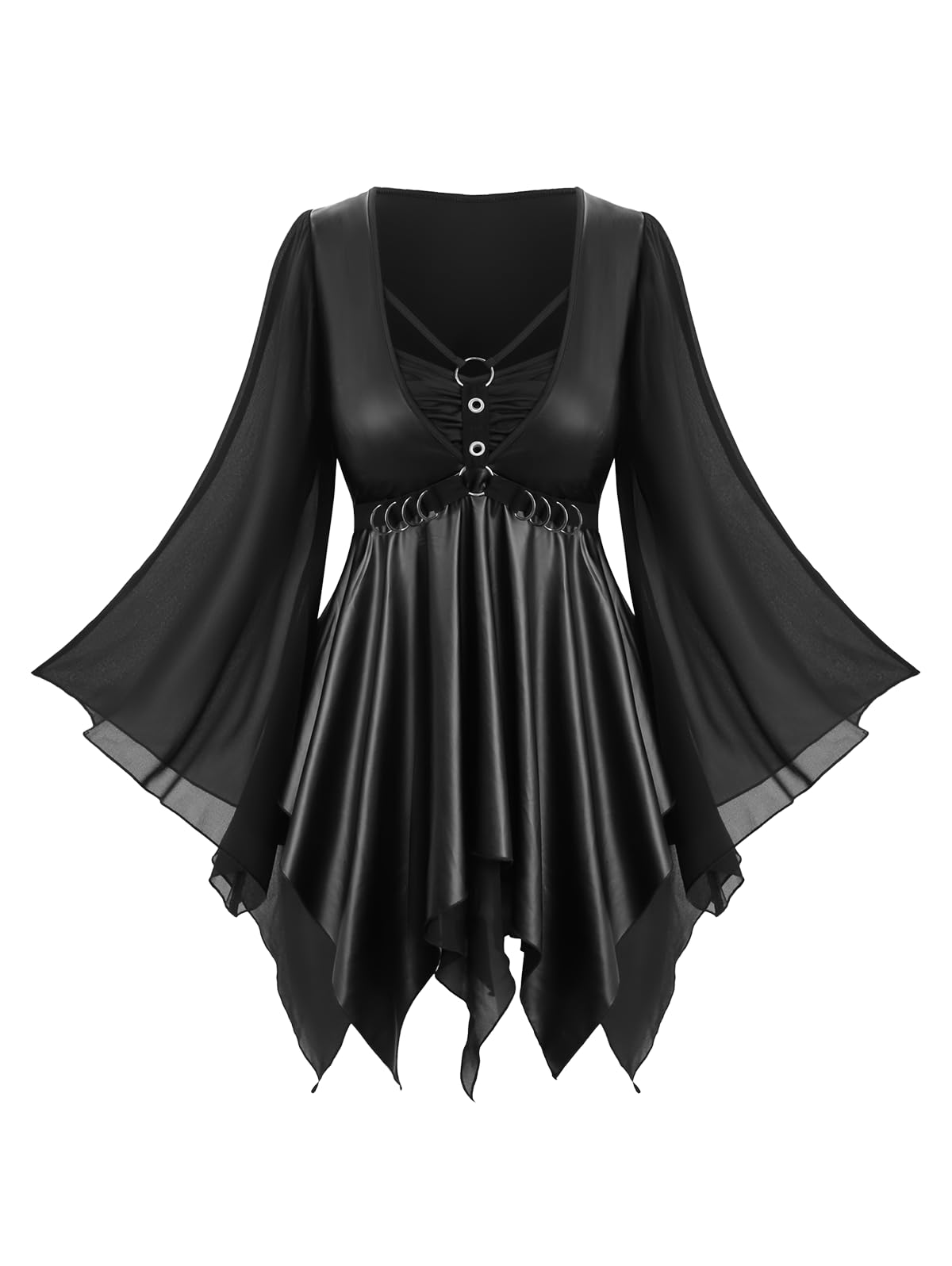 ROSE GAL Plus Size Women Gothic Halloween Costume Coated Handkerchief Hem Chiffon Bell Sleeve Goth Swing Top(Black/1X)