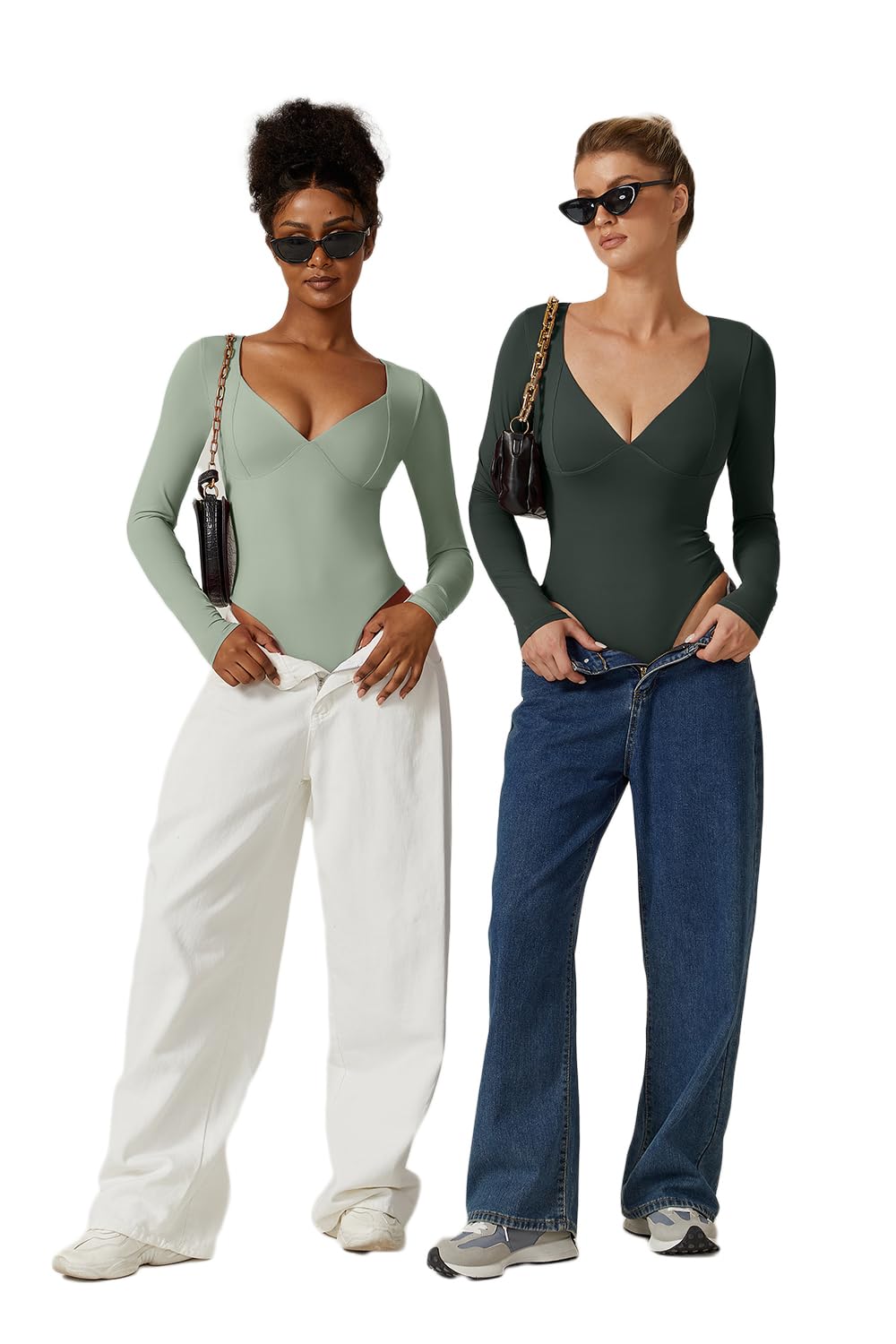 QINSEN Bodysuit Shirts for Women V Neck Seamed Cup Long Sleeve Shirt Double Lined Tops Smoke Green S