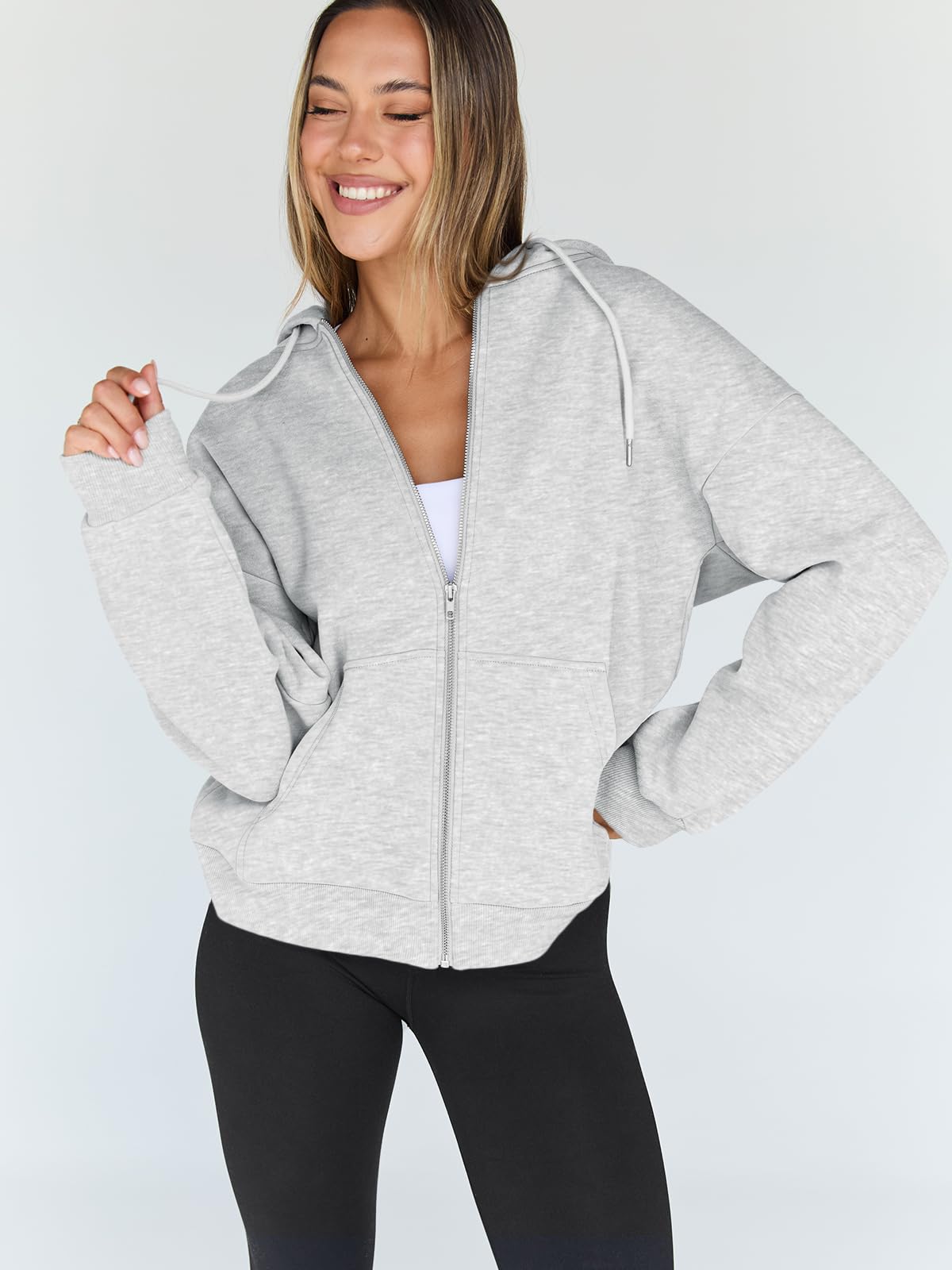Trendy Queen Womens Zip Up Hoodies Oversized Sweatshirts Fall Fashion Spring Outfits Casual Jackets 2026 Winter Clothes Grey S