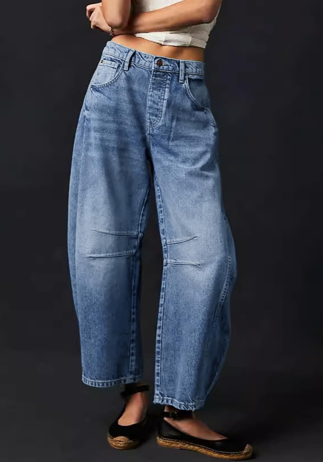 Womens Stretchy Mid Rise Barrel Jeans Vintage Loose Wide Leg Cropped Denim Pants Y2k Baggy Boyfriend Jeans (Large,Blue)