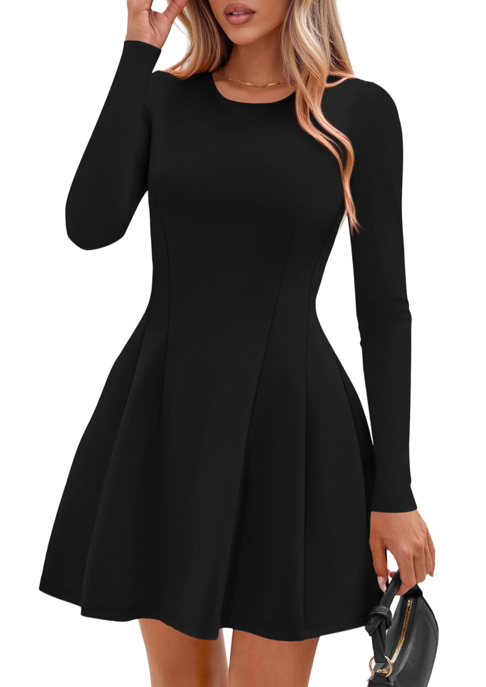 PRETTYGARDEN Long Sleeve Mini Dress for Women 2026 Spring Crewneck Knit Pleated Babydoll A Line Casual Short Party Dresses (Black,Large)