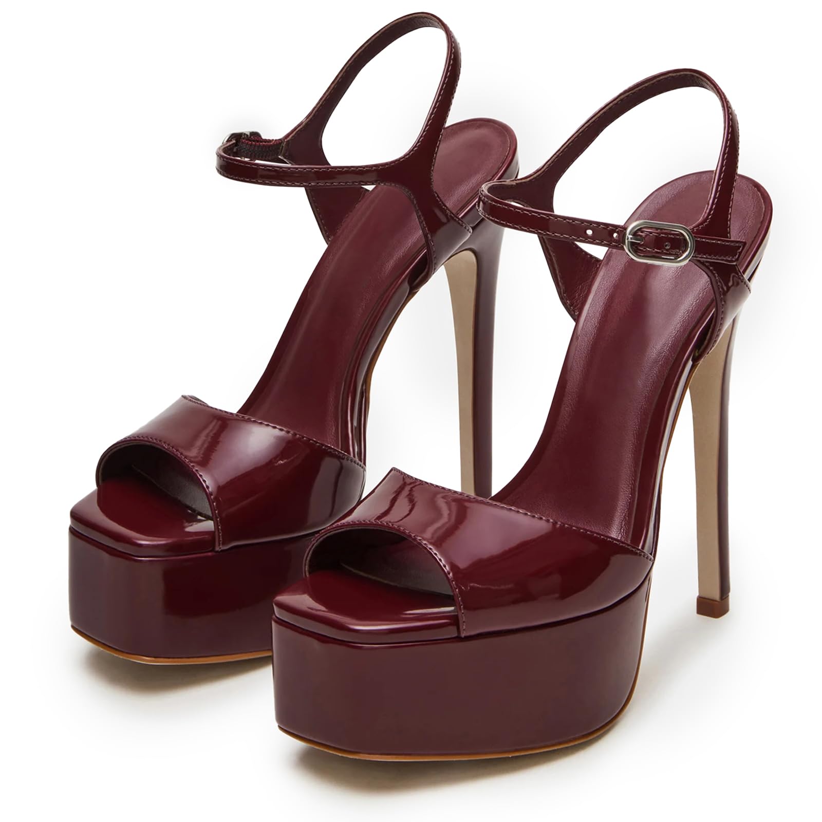 UBWDU Stiletto High Platform Heels for Women Peep Open Toe Ankle Strap Heeled Sandals Wedding Shoes Burgundy 7