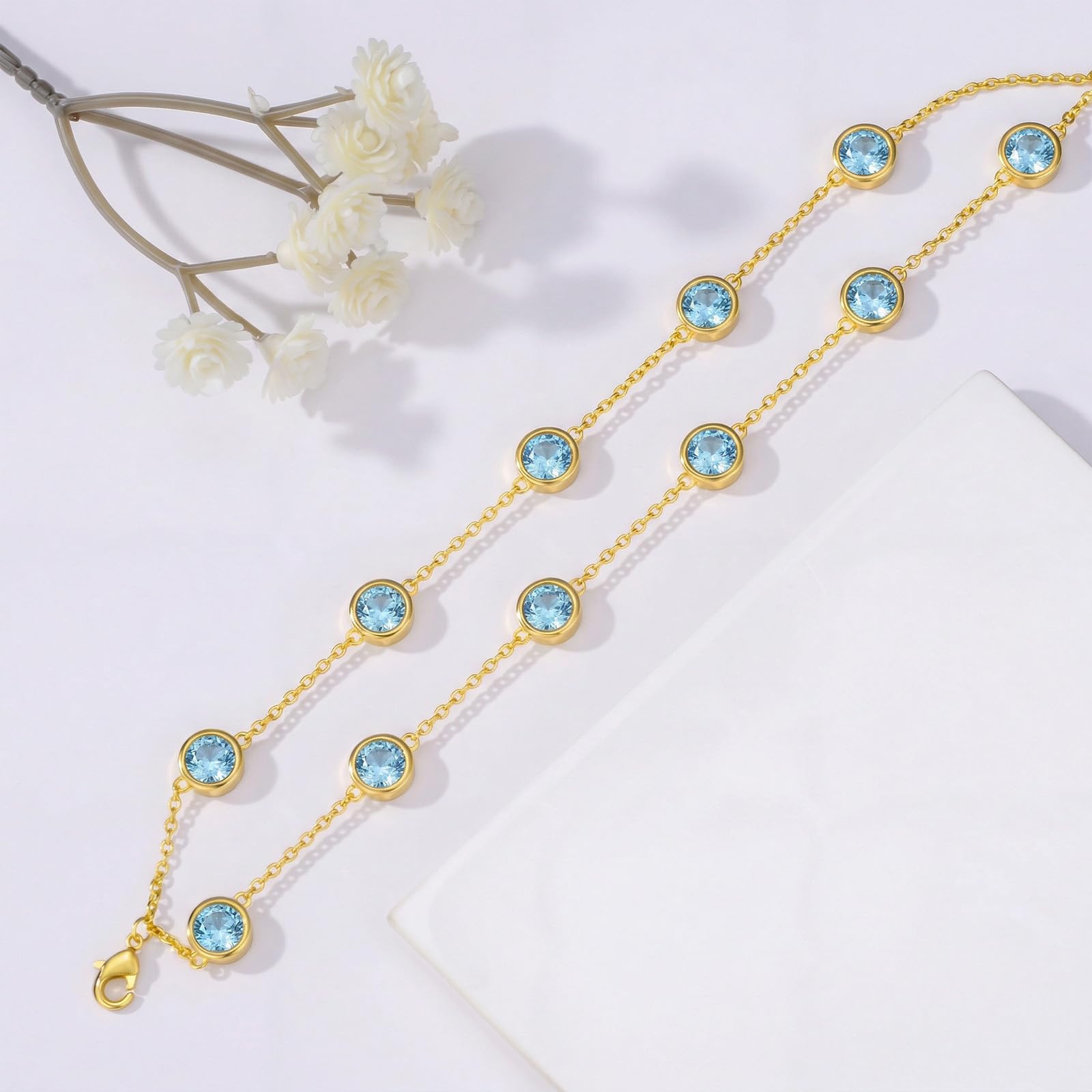 OJK Birthstone Bracelet for Women 14K Gold Aquamarine March Birthstone Bracelet Round Layered Bracelets Anniversary Birthday Jewelry Gifts for Wife Mom Her