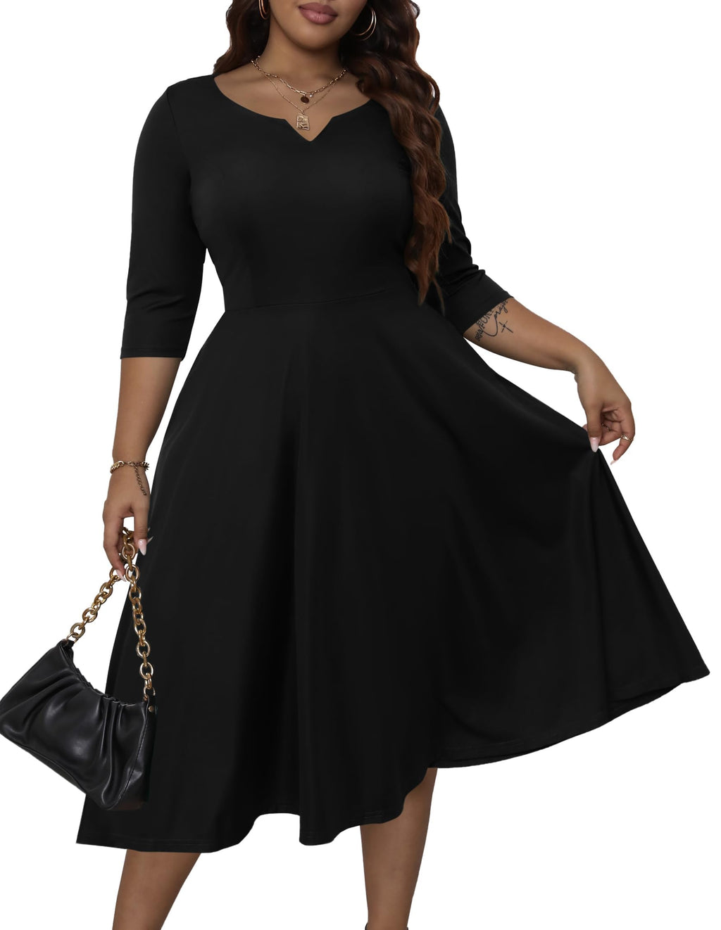Runwind Plus Size Black Dresses for Curvy Women Fit and Flare Swing Semi Formal Cocktail Wedding Guest Party Dress Black 5XL