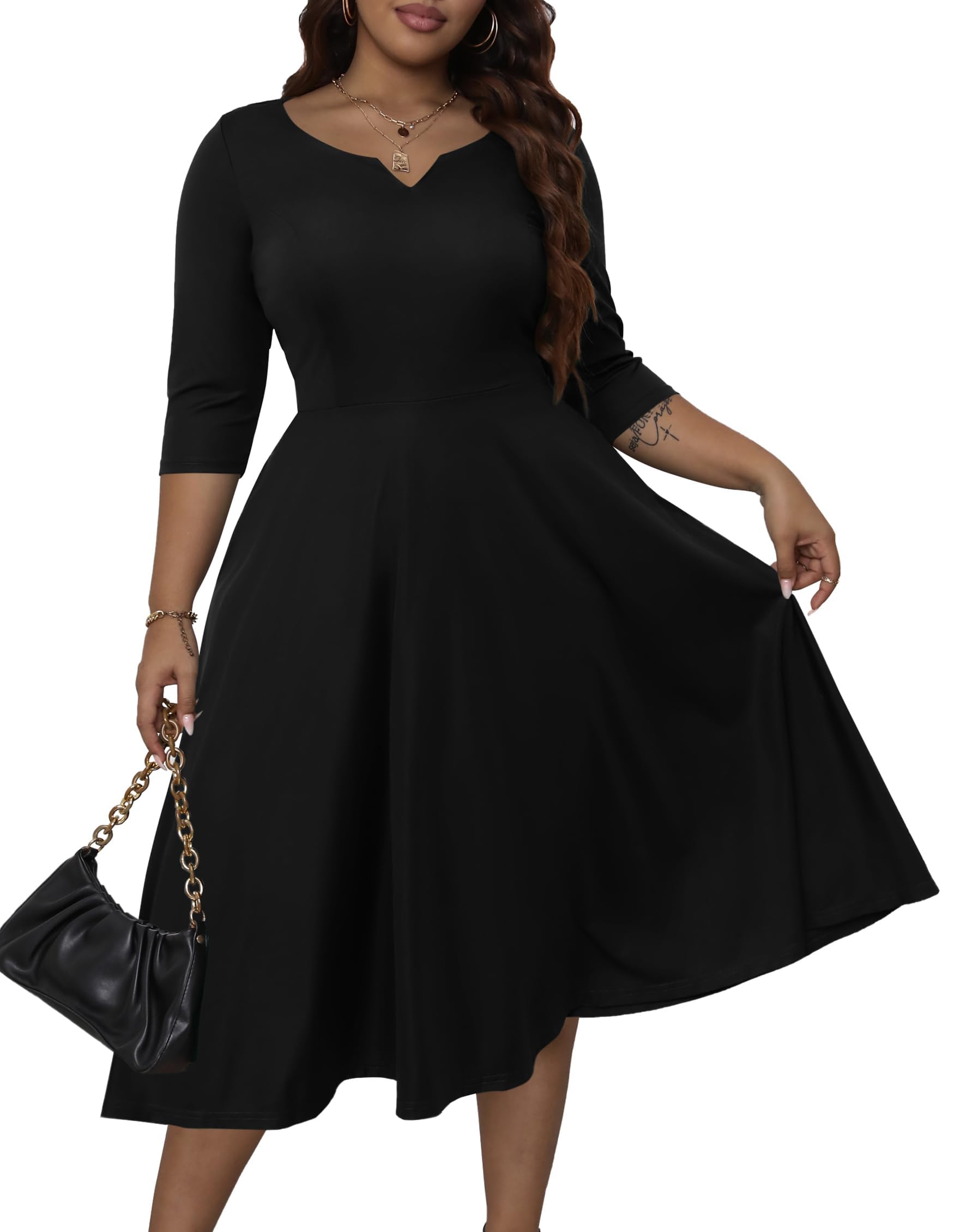 Runwind Plus Size Black Dresses for Curvy Women Fit and Flare Swing Semi Formal Cocktail Wedding Guest Party Dress Black 5XL
