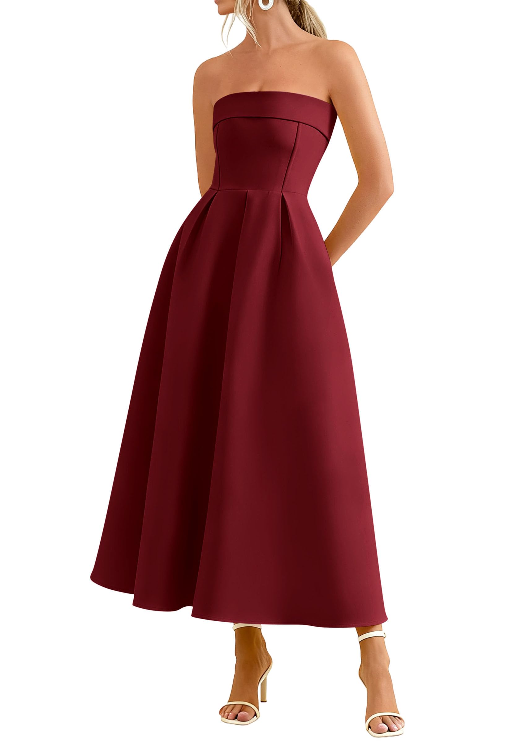 PRETTYGARDEN Cocktail Dresses for Women 2026 Summer Formal Elegant Tube Top Strapless Spring Wedding Guest Party Midi Dress(Burgundy,Medium)
