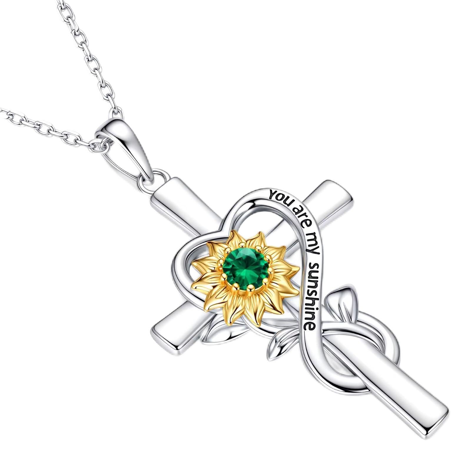 Iefil Mothers Day Gifts for Mom - First Time Mom Gifts | Sunflower Necklace, Simulated Emerald Cross Necklace for Women