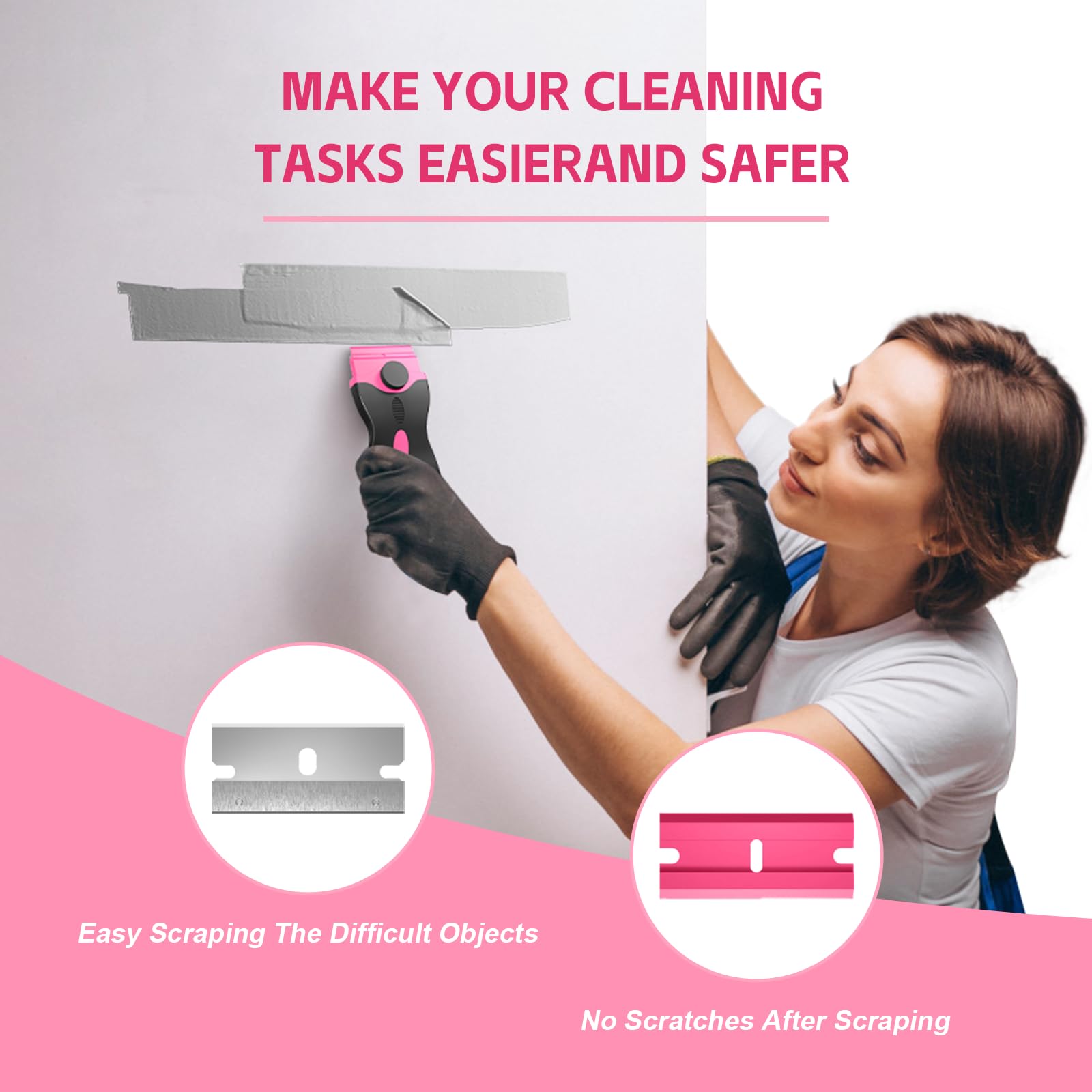 Ywmoml 3 Pack Razor Blade Scraper Set, Includes 30 Plastic & 30 Metal Blades, Multi-Purpose Tool for Glass, Cooktop, Sticker Removal, Paint & Gum Cleaning (Pink)