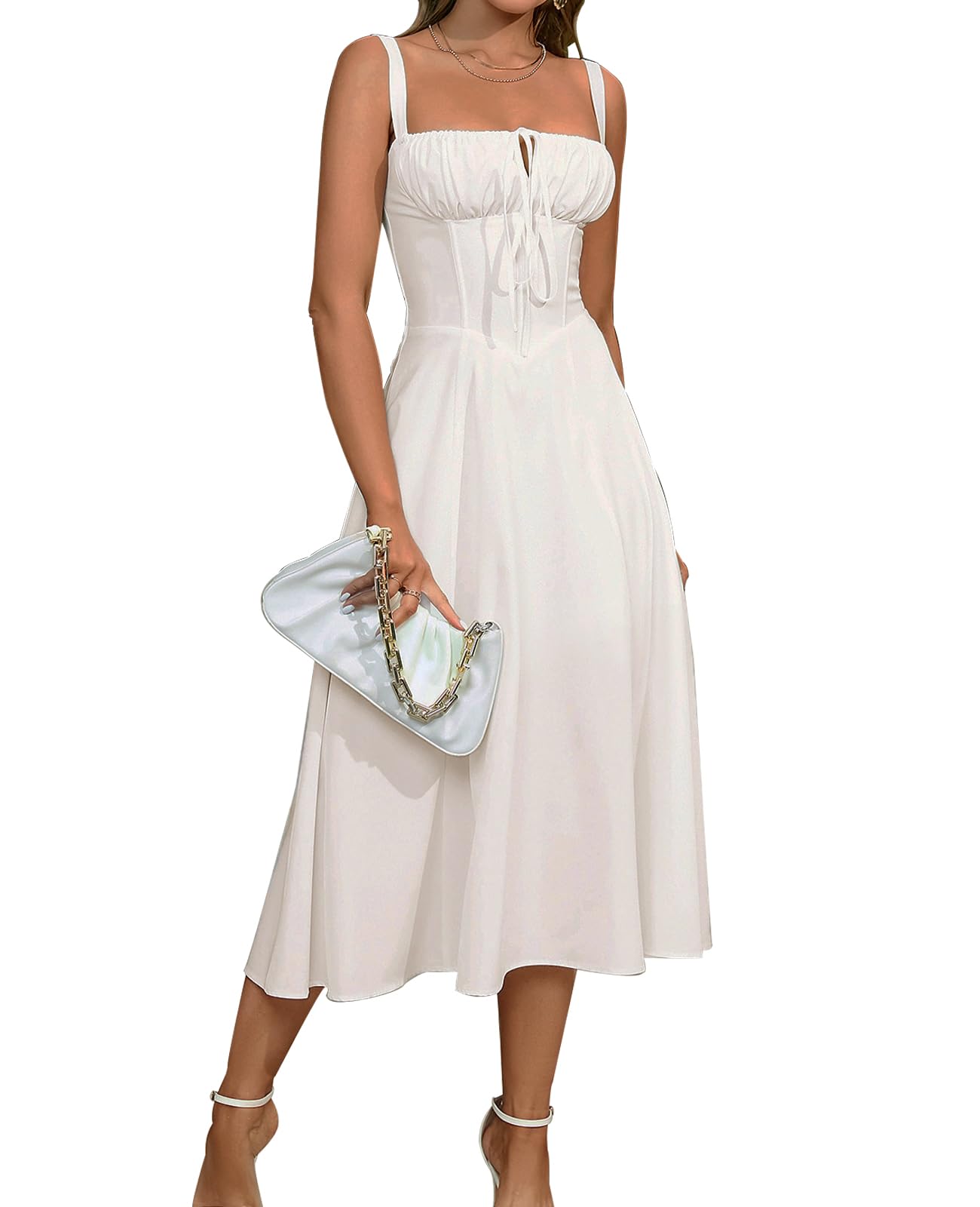 Wedding Guest Dresses for Women Midi Corset Lace Up A Line Dress Solid Flowy Slit Going Out Sundress for Tea Party
