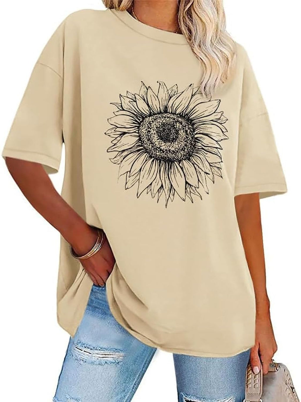 Womens Oversized Tshirt Graphic Tees Crew Neck Summer Short Sleeve Loose Fit Tops (A-Sunflower Print Khaki, L)
