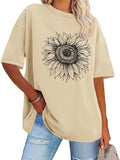 Womens Oversized Tshirt Graphic Tees Crew Neck Summer Short Sleeve Loose Fit Tops (A-Sunflower Print Khaki, L)