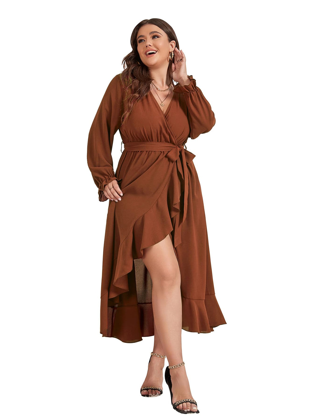 SCOMCHIC Women Plus Size Formal Dresses Fall Long Sleeve Faux Wrap V Neck High Low Ruffle Cocktail Wedding Guest Maxi Dress Rust