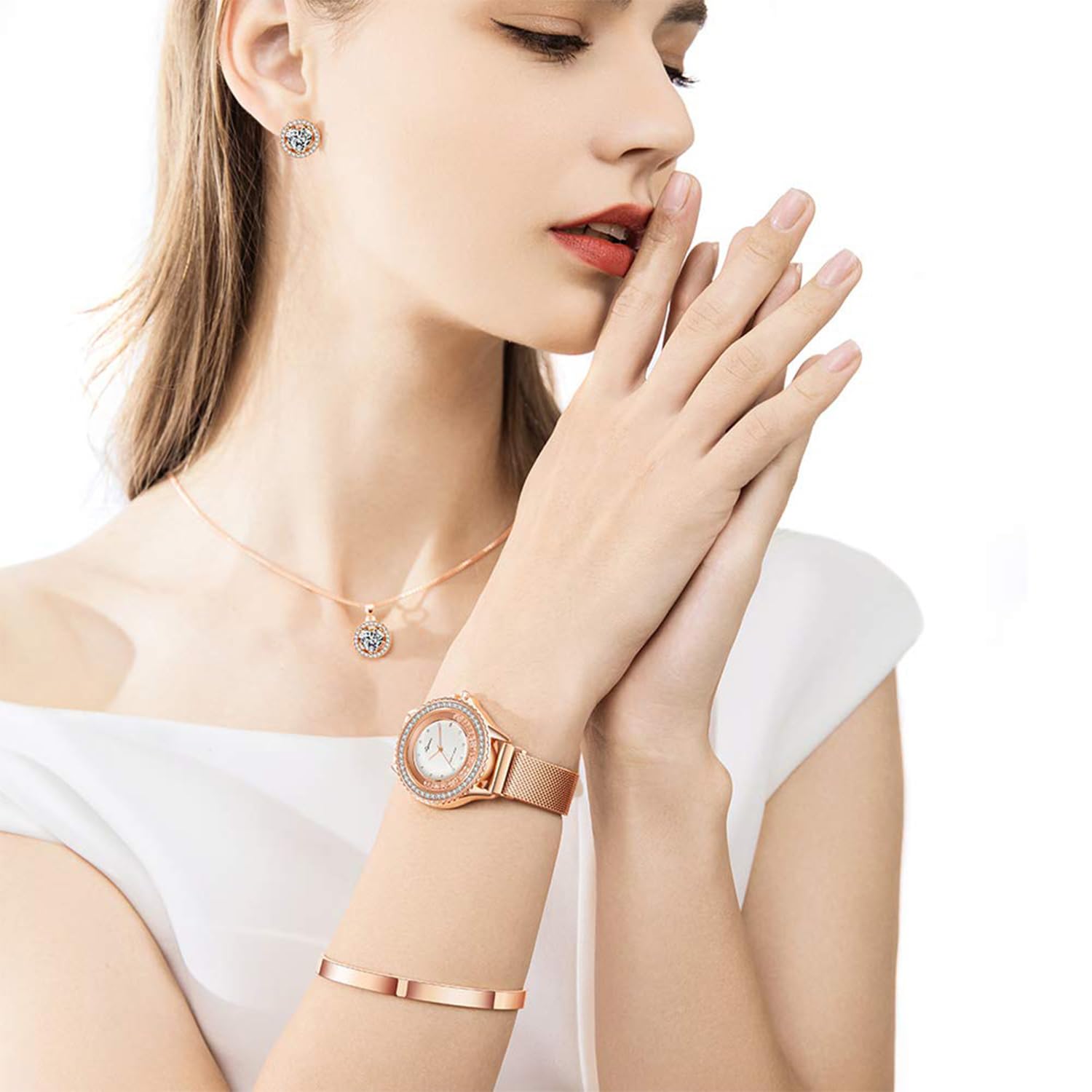 Gifts for Women Jewelry Sets, 4 Pieces Rose Gold Women's Watch Necklace Earring Bracelet Birthday Gifts for Women's Jewelry Sets for Women Gift for Wife Girlfriend Her Birthday Gift for Mom Mother