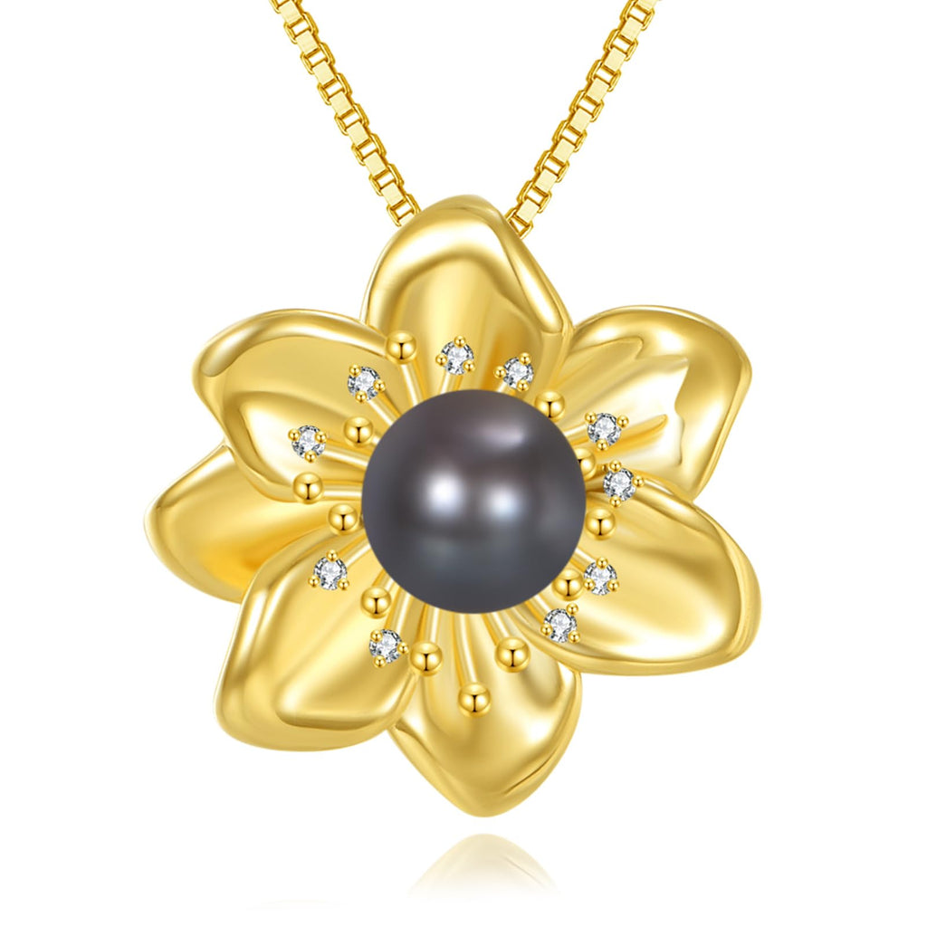 Diamond Flower Necklace for Women, 925 Sterling Silver Freshwater Cultured Black Pearl Pendant Necklaces with Lab Grown Diamonds Jewelry Gifts for Christmas Mothers Day Birthday