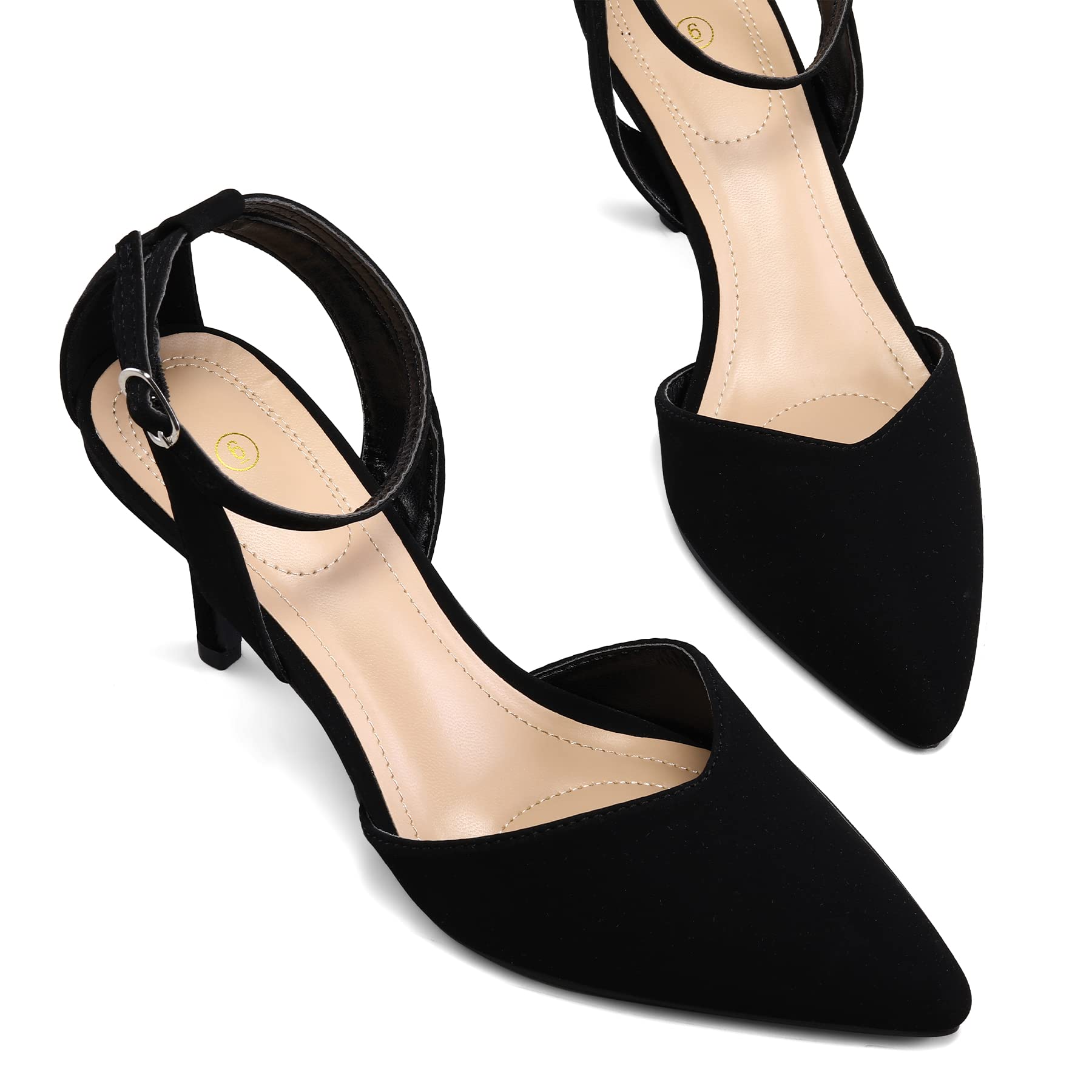 mysoft Women's Pumps Shoes Pointed Toe Kitten Low Heels Stiletto Ankle Strap Closed Toe Wedding Party Dress Sandals Black Nubuck