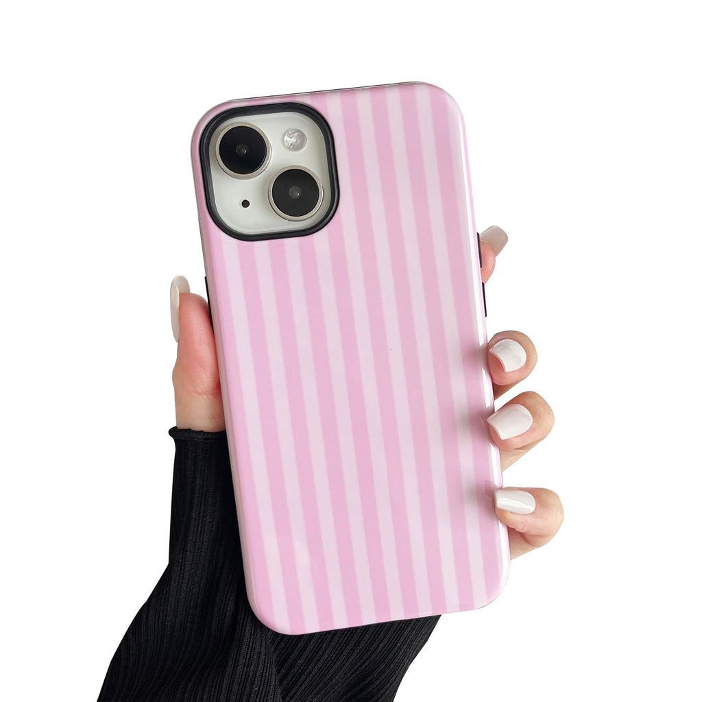 CHEDEMK Compatible with iPhone 15 Case, Cute Fashion Aesthetic Striped Pattern Cover for Women, Shockproof Soft TPU and Hard PC Protective Phone Case for iPhone 15 6.1"- Pink