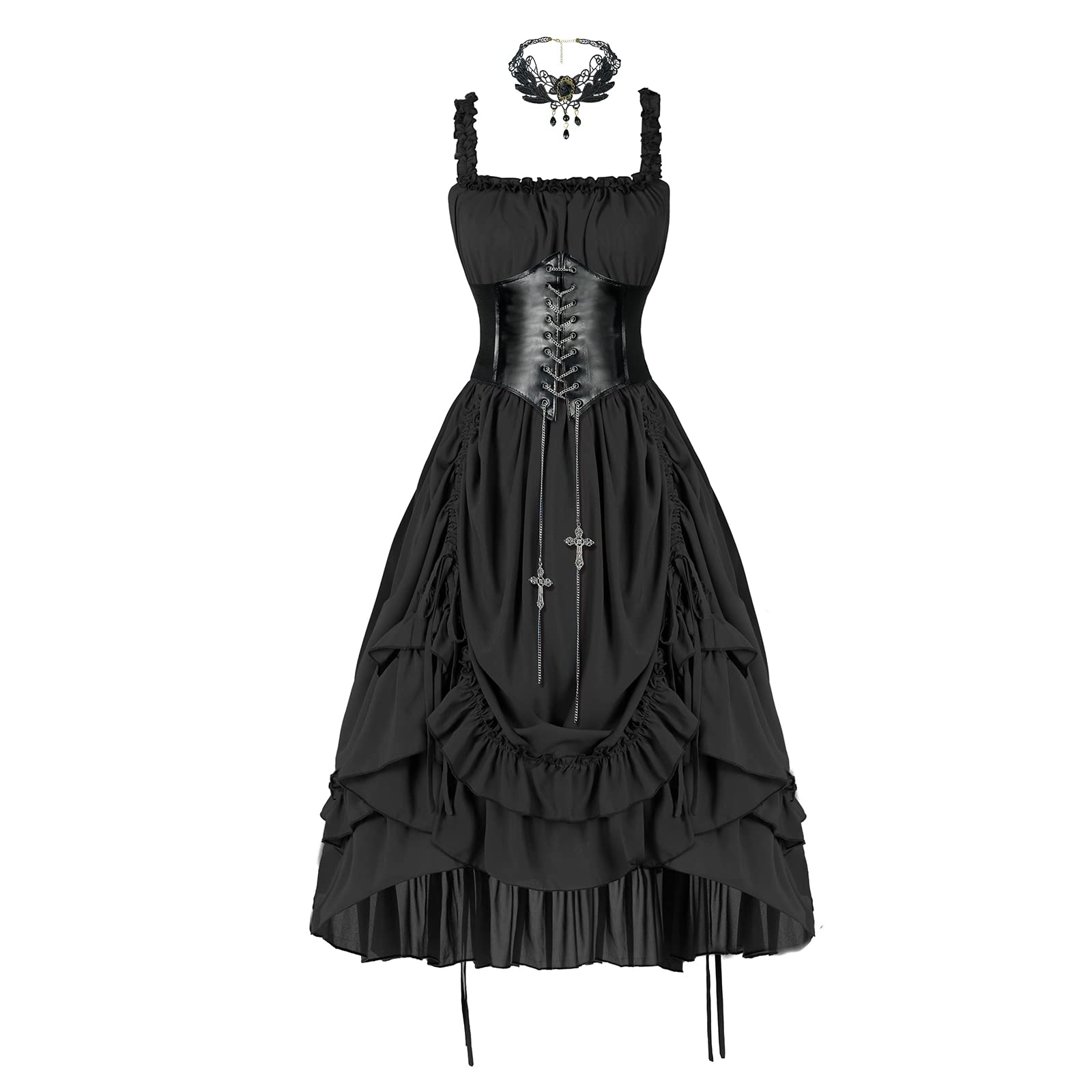yiranyijiu Women's Steampunk Dress Renaissance Victorian Costume Women Gothic High Low Dresses(LYQ0015BKS,L)