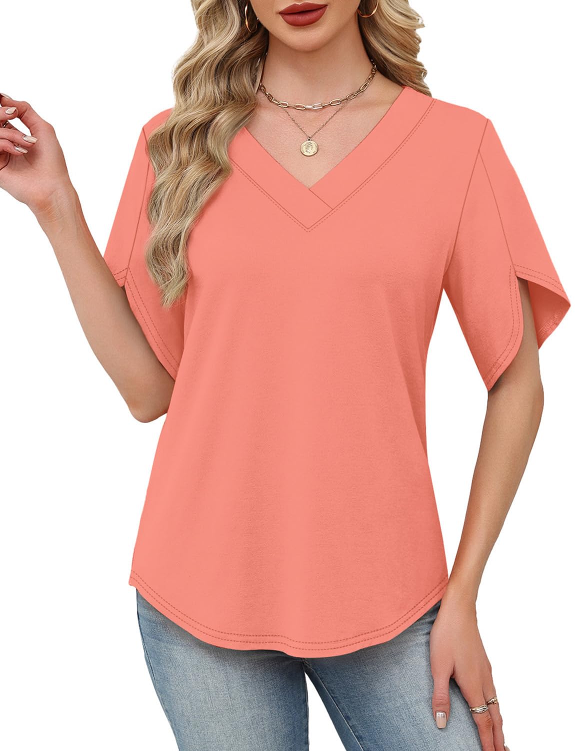 WIHOLL Plus Size Spring Break Essentials Summer Tops Short Sleeve Shirts V Neck Flowy Tops and Blouses Dressy Casual Fahion Clothing Coral XXL