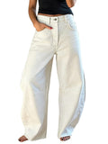 EXLURA Womens Barrel Jeans Wide Leg Y2K Boyfriend Denim Pants Hip Hop Vintage Baggy Jeans Cotton Mid-Low Elastic Waist Pants White