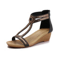 WOJWSKI Wedge Sandals for Women Bohemia Rhinestone Open Toe Roman Heel Zipper Summer Dressy Women's Beach Casual Shoes（Black4-M5）