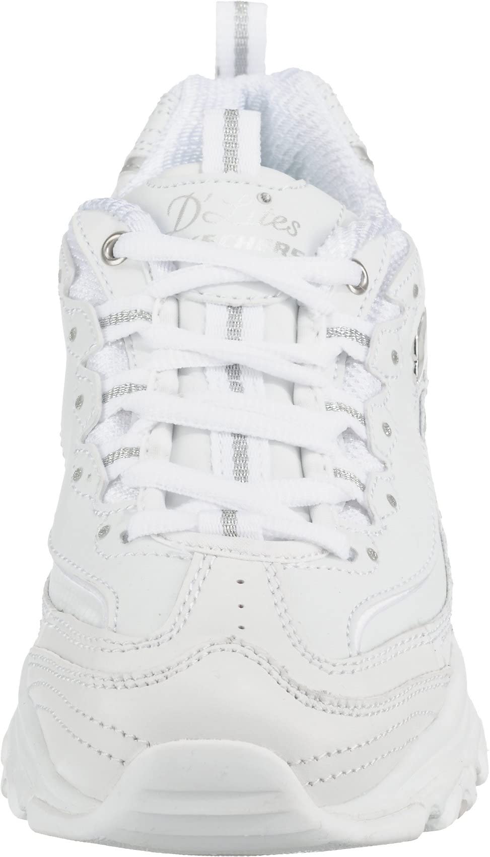 Skechers Women's D'lites Fresh Start Memory Foam Lace-up Sneaker, White/Silver, 9 Wide