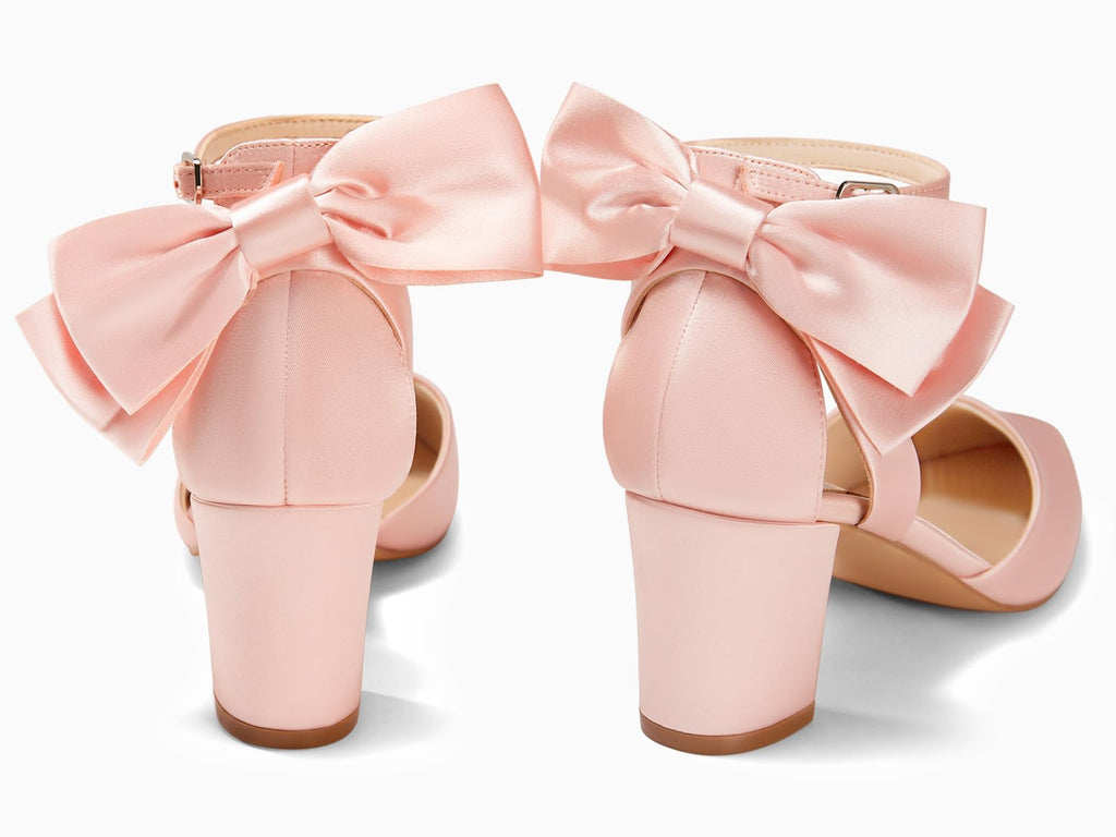 Coutgo Womens Chunky Heels Low Heel Ankle Strap D'Orsay Pumps Closed Pointed Toe Wedding Bridal Shoes, Pink, Size 8.5