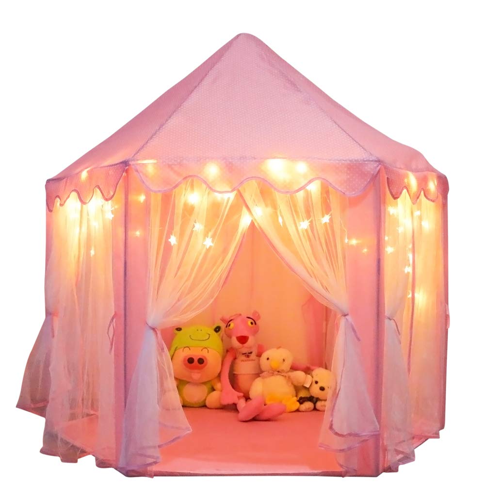 ORIAN Princess Castle Play Tent for Girls, LED Star Lights, Indoor & Outdoor Playhouse, Polyester, Pink, 55" x 53", Toddler & Kids Toys Ages 2–7