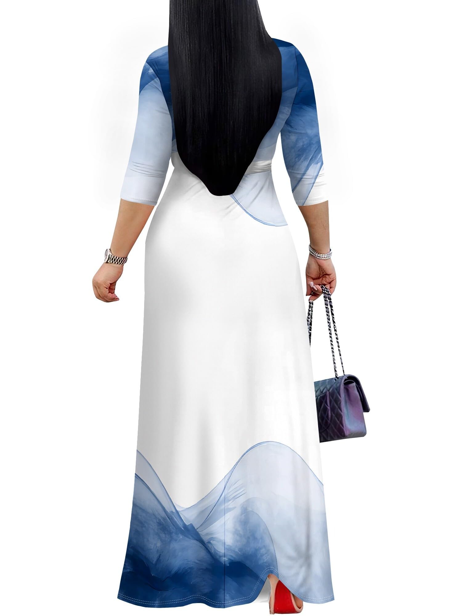 PinkPatty Plus Size Maxi Dress for Women 3/4 Sleeve V Neck Long Dress Casual Party Sundress with Belt (A-Blue White/tie-dye 2XL)