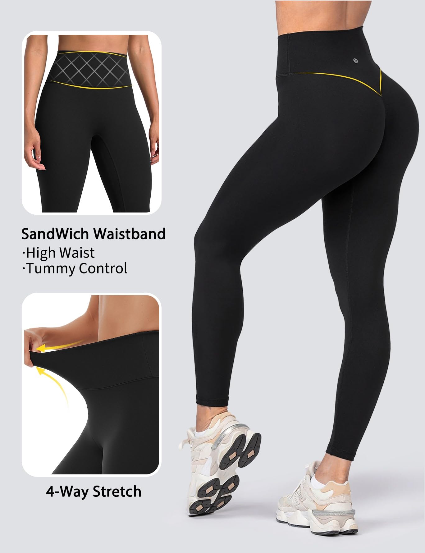 Sogetdo Yoga Leggings for Women Hidden Scrunch Butt Non See Through High Waisted No Front Seam Athletic Gym Workout Pants Black-M