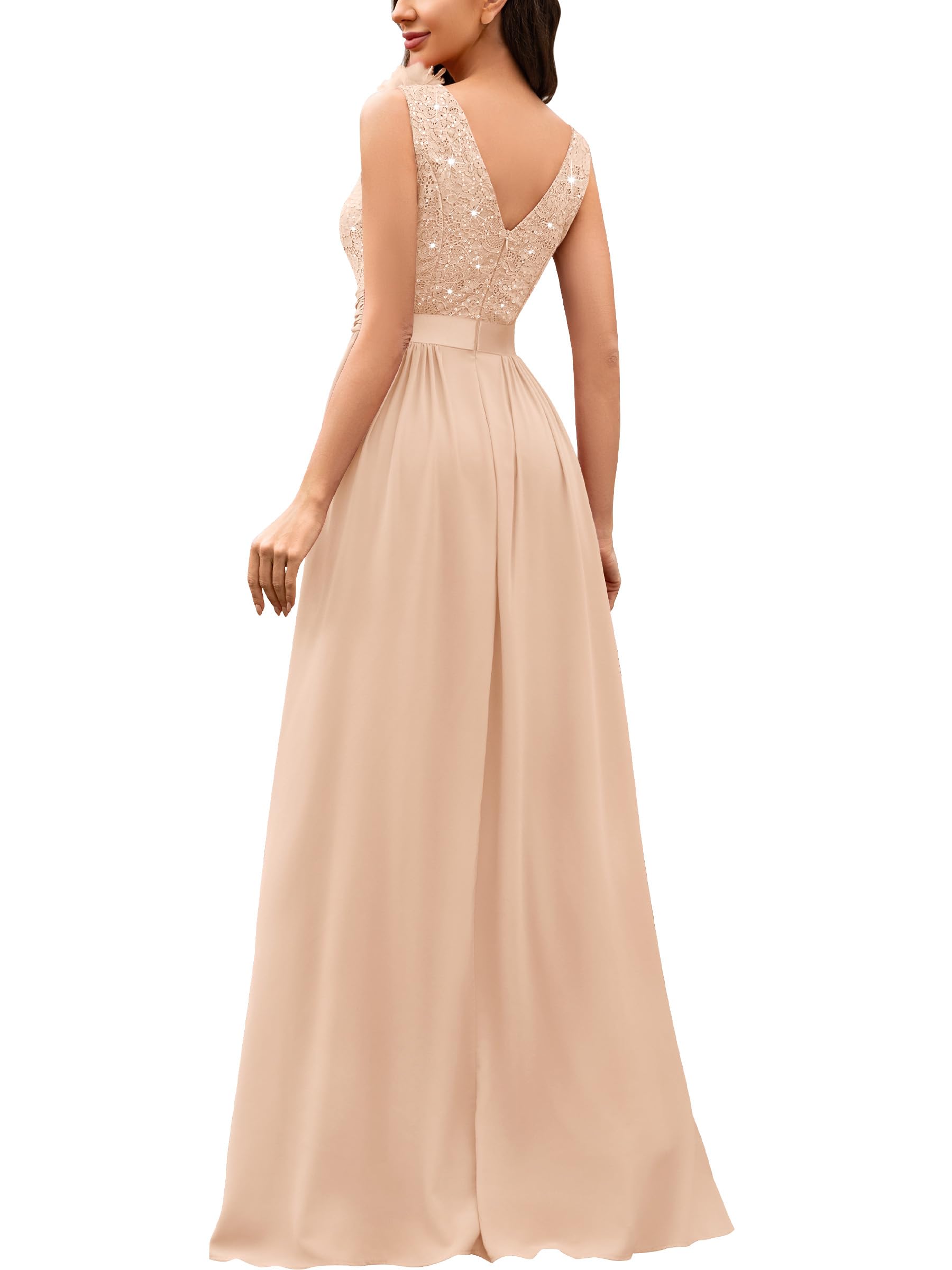 Miusol Women's Vintage V-Neck Sleeveless Sequined Split Formal Evening Maxi Dress (Small, Champagne)