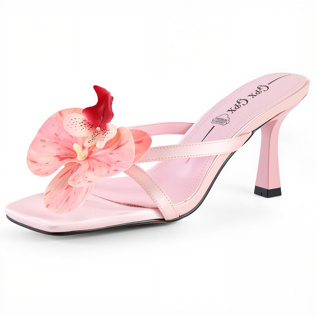 GPXGPX Women's Pink Flower Kitten Heels Slide Sandals Comfortable Slip On Open Toe Summer Weddings Parties Beach Floral Heels Sandals