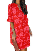 QACOHU Women's Ruffle Dresses Short Sleeve V-Neck Straight Casual Boho Elegant Simple Tunic Dress Red Flower L
