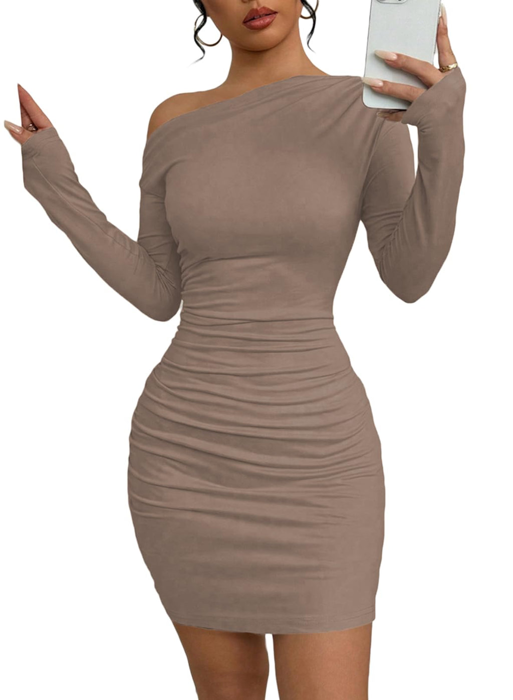 Acelitt Fall Off the Shoulder Dresses for Women 2025 Long Sleeve Ruched Bodycon Cocktail Party Mini Dress Dark Khaki XX-Large