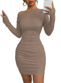 Acelitt Fall Off the Shoulder Dresses for Women 2025 Long Sleeve Ruched Bodycon Cocktail Party Mini Dress Dark Khaki XX-Large