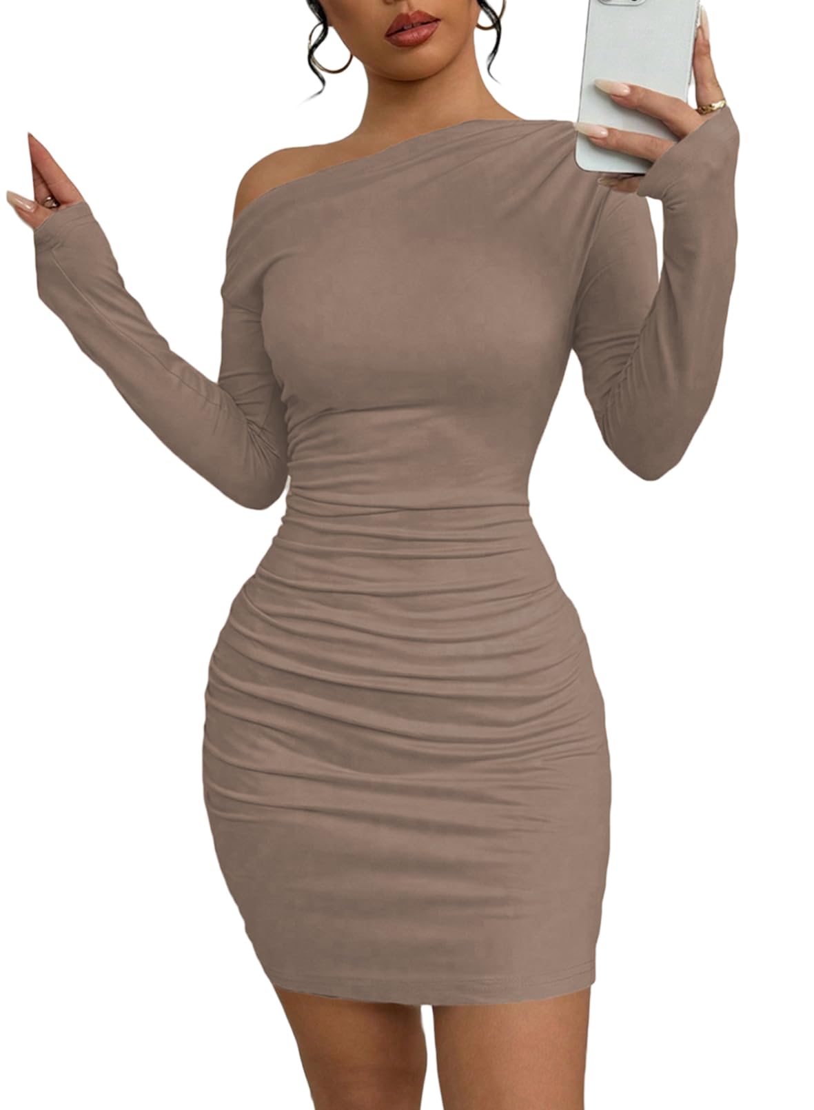 Acelitt Fall Off the Shoulder Dresses for Women 2025 Long Sleeve Ruched Bodycon Cocktail Party Mini Dress Dark Khaki XX-Large