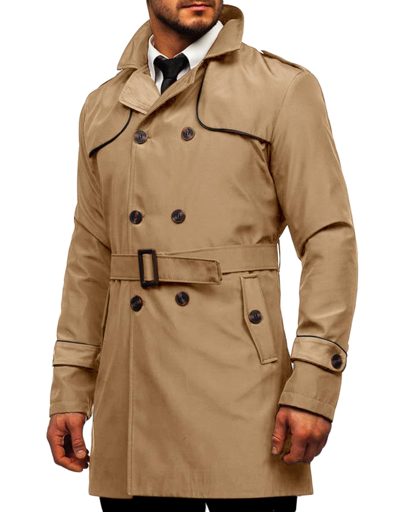 Makkrom Men's Trench Coat Slim fit Double Breasted Notched Lapel Belted Windbreaker Long Jacket Casual Windproof Overcoat