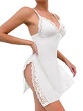 Foxiny Sexy Split Side Floral Lace Trim Full Slip Night Gown Babydoll Lingerie Dress with Thong 2 Piece Women High Slit Cami Nightgown Pajamas Set Nighty Sleep Wear Bridal White Medium