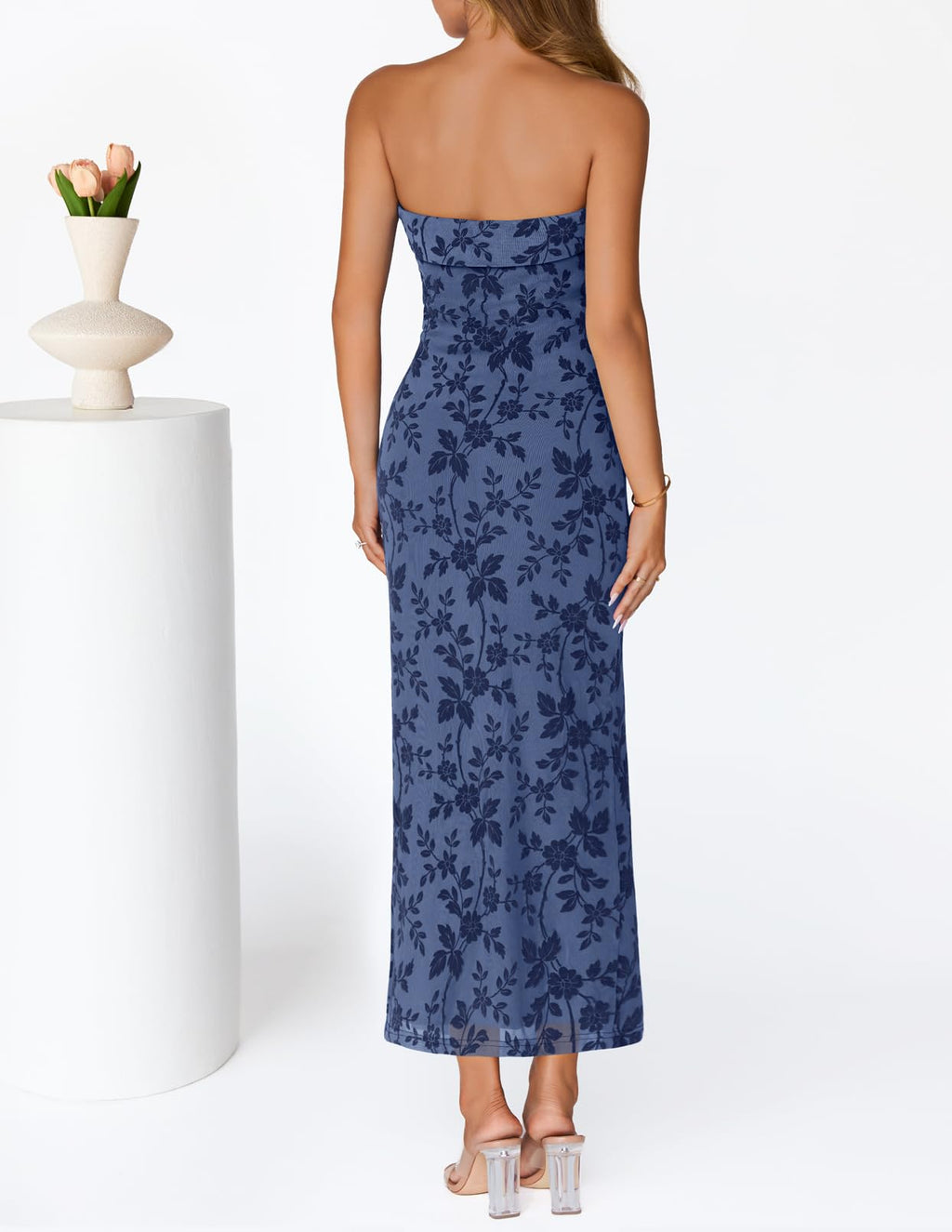 MEROKEETY Women's 2026 Summer Floral Strapless Dress Bodycon Tube Slit Mesh Wedding Guest Cocktail Party Maxi Dresses, Dustyblue, XS