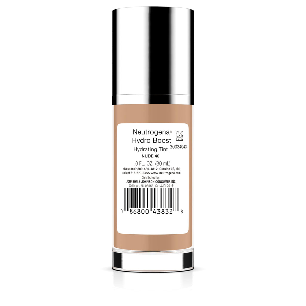 Neutrogena Hydro Boost Hydrating Tint Foundation Makeup for Dry Skin, with Hyaluronic Acid, Lightweight Oil-Free Water Gel, Non-Comedogenic, 40 Nude Color, 1.0 fl. oz