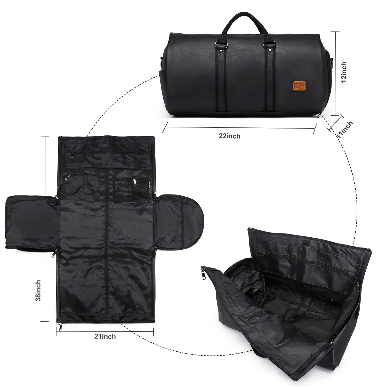 Carry On Garment Backpack, 3 in 1 Waterproof Mens Garment Bag for Travel Business, Leather Duffel Bag with Shoe Compartment -Black