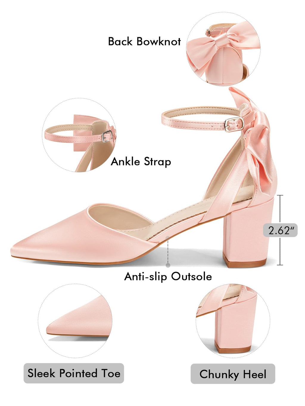 Coutgo Womens Chunky Heels Low Heel Ankle Strap D'Orsay Pumps Closed Pointed Toe Wedding Bridal Shoes, Pink, Size 8.5