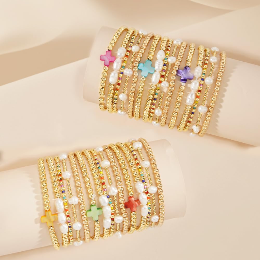 SHINUS BOHO 14K Gold Pearl Beaded Cross Bracelets Stack Set for Women,Stretch Pink Beads Ball Jewelry Friendship Summer Vacation Outfit Trendy Stocking Stuff Gift