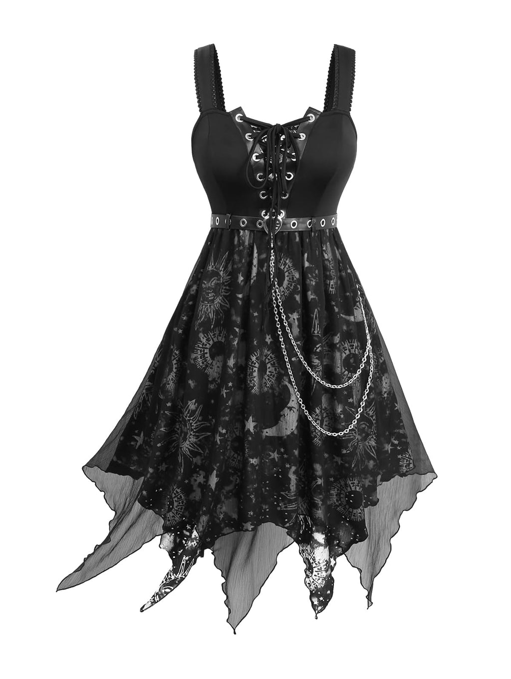 ROSE GAL Women Plus Size Sun Moon Star Goth Dress Chains Lace-up Grommet Sleeveless Midi Dress Overlay Handkerchief Punk Dress with Belt(Black_1/1X)