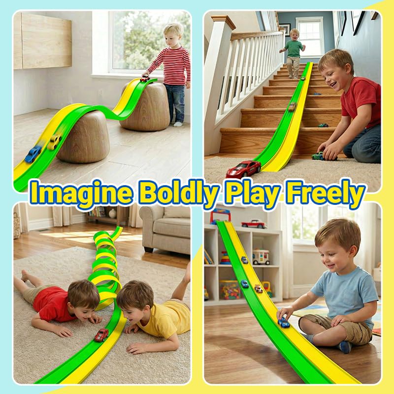 Flex Track 15ft for Kids, Build-Your-Own Creative Race Track Set, Dual-Tone Green & Yellow with Toy Cars & Parts