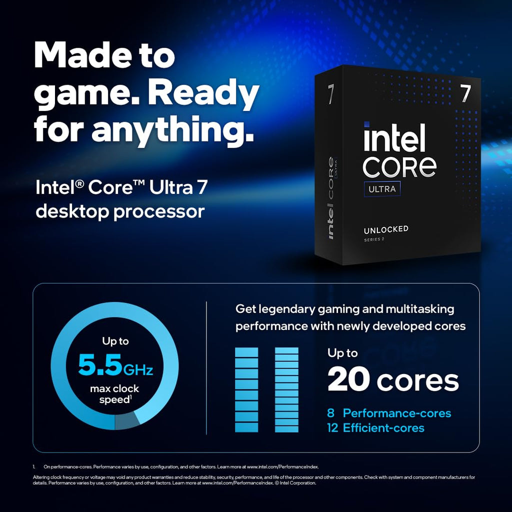 Intel Core Ultra 7 Desktop Processor 265KF - 20 cores (8 P-cores + 12 E-cores) up to 5.5 GHz