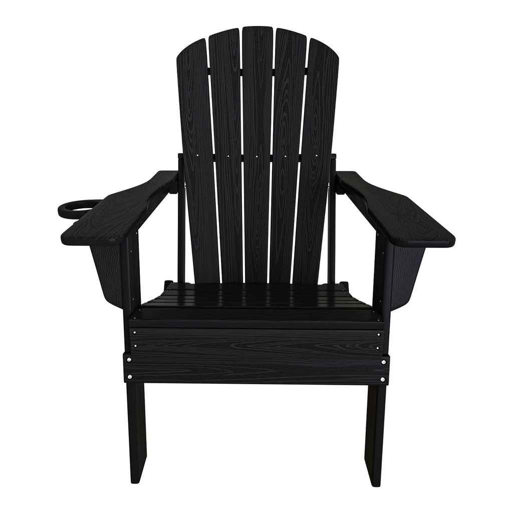 Plawdlik Folding Adirondack Chair, SGS Tested, Wooden Textured with Cup Holder, Heavy All-Weather HDPE Comfortable Set Poolside Backyard Lawn Black
