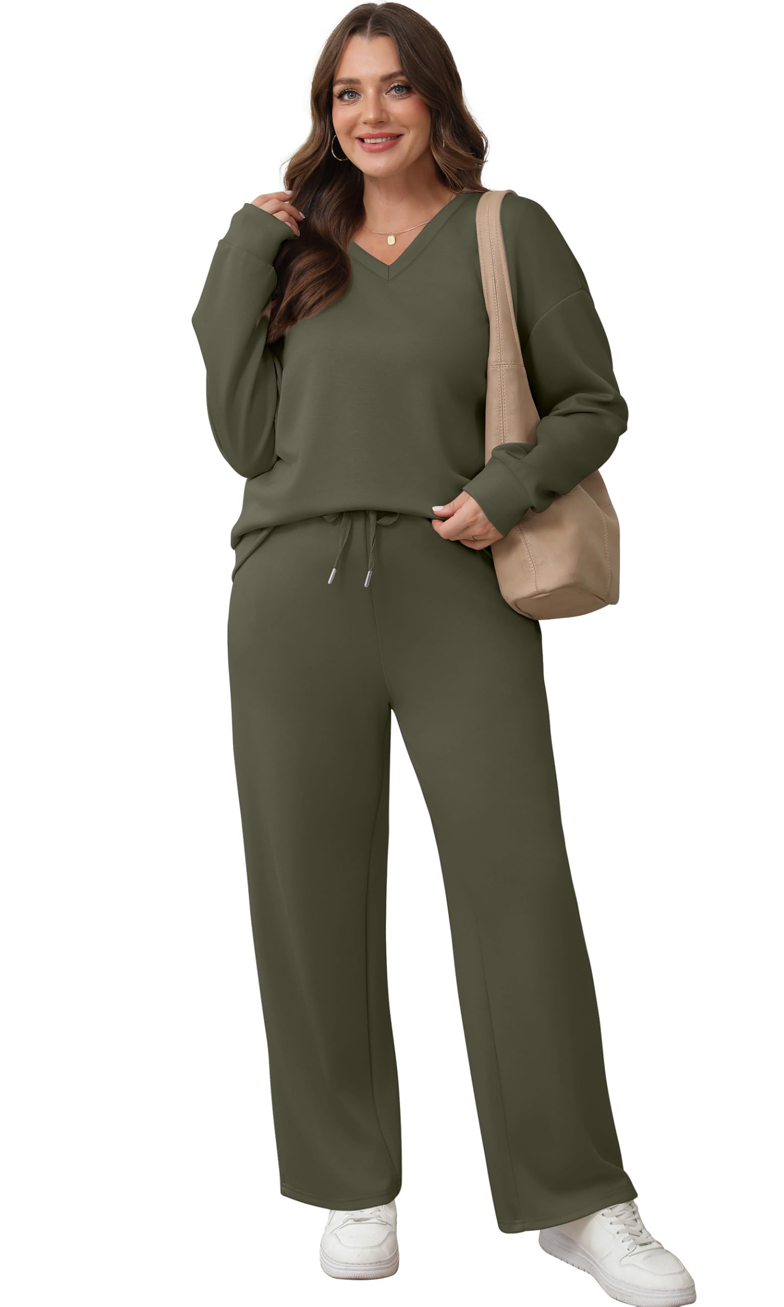 WIHOLL Airport Travel Outfits for Women 2 Piece Sets Lounge Sets for Women Fall Outfits 2026 Sweatsuits Matching Set Fall Fashion Must Haves Two Piece Vacation Clothes Winter Clothing Army Green M